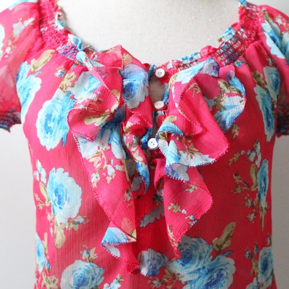 Abercrombie & Fitch Red Blue Floral Ruffle Shirt - Picture 5 of 6
